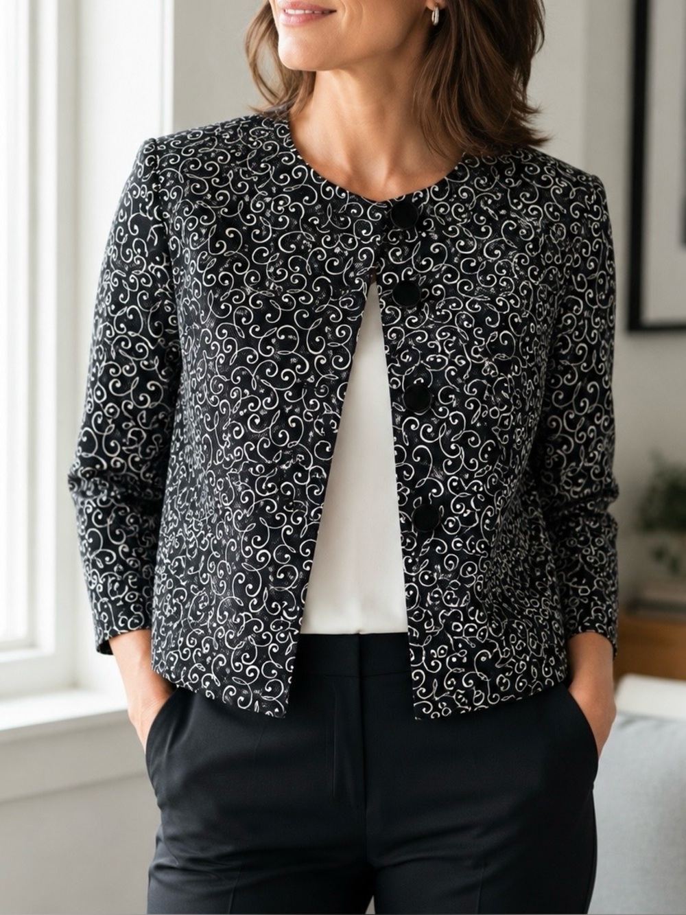 Ann Taylor LOFT Black & White Swirl Print Jacket Blazer Size 8